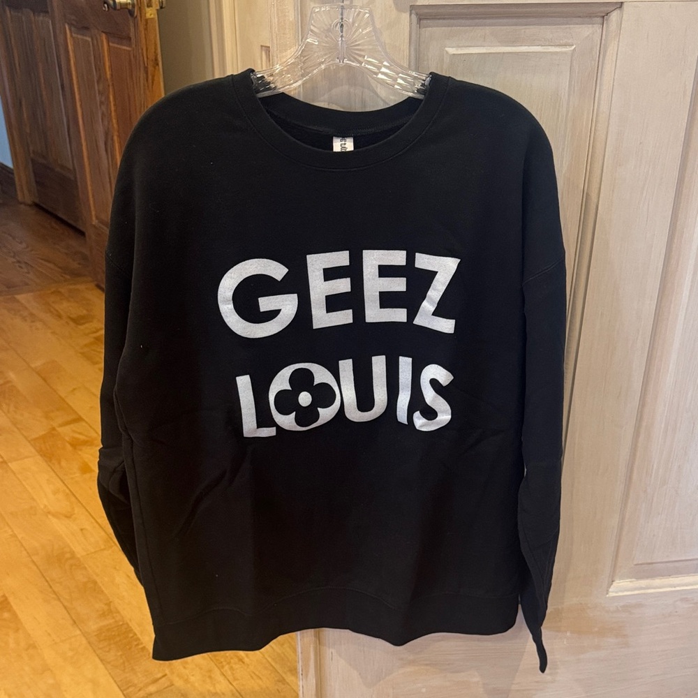 Tultex Black Crewneck Sweatshirt with White "GEEZ LOUIS" Graphic